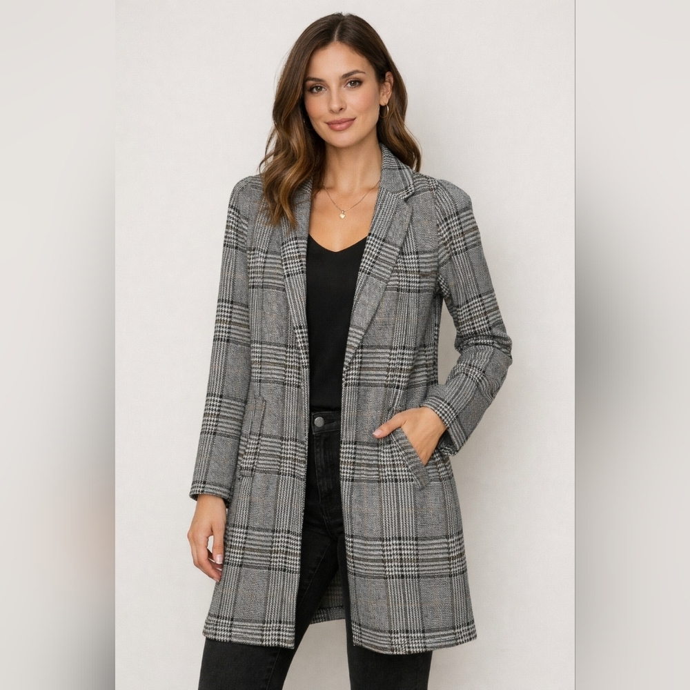 Dynamite Grey Plaid Long Blazer Coat – Tailored Check Jacket